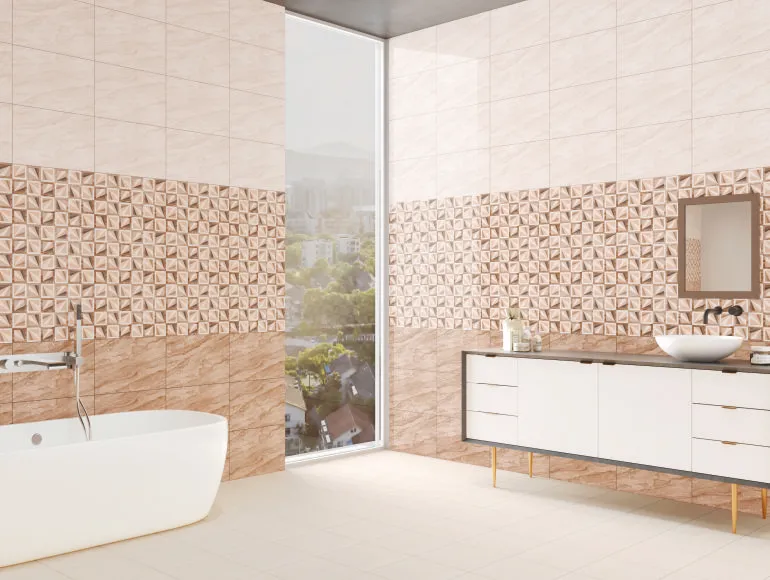 Elegant beige bathroom with SPH Dyna Geometric Multi tiles, bathtub, and sink with cabinet